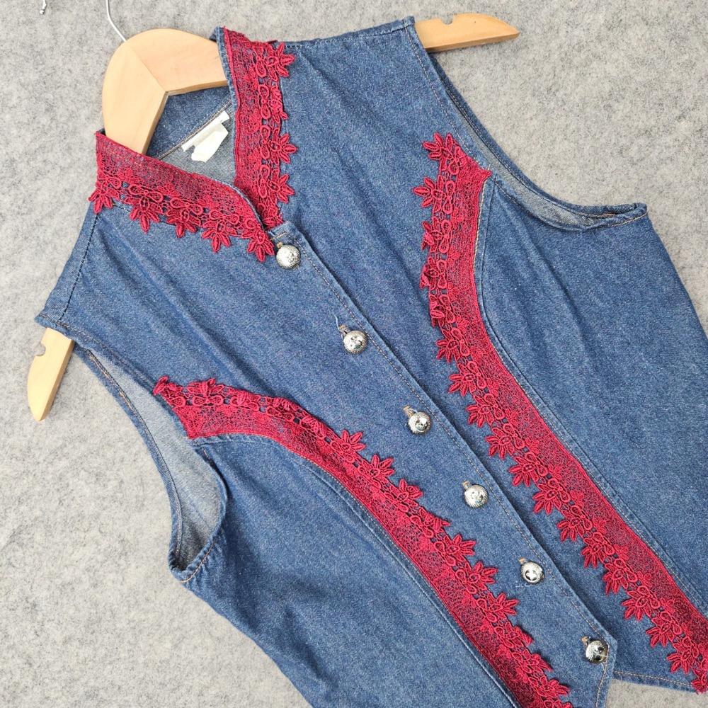 Navy Blue USA Denim Vest Womens Small Blue Red Lace Trim Button Up Vintage Rodeo